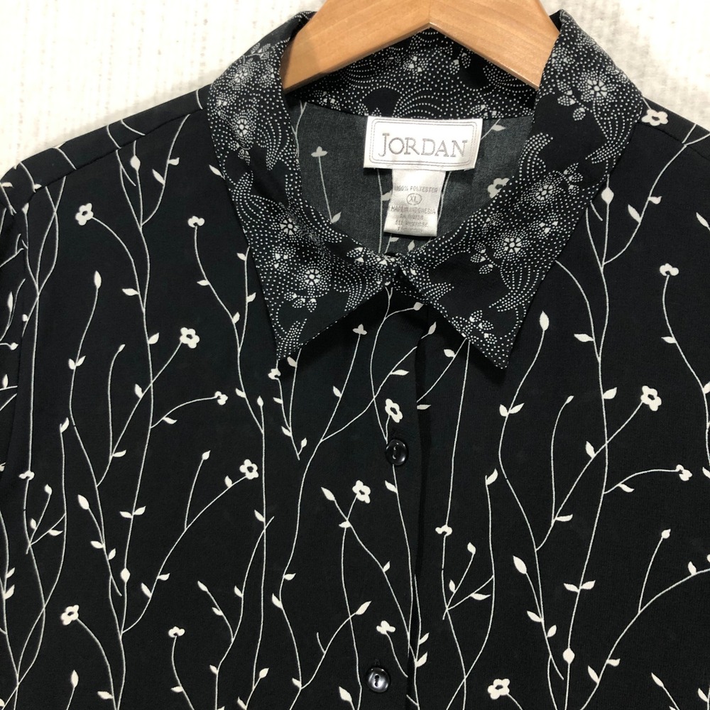 JORDAN Womens Black White Floral Vine Button Down Blouse Shirt Top XL